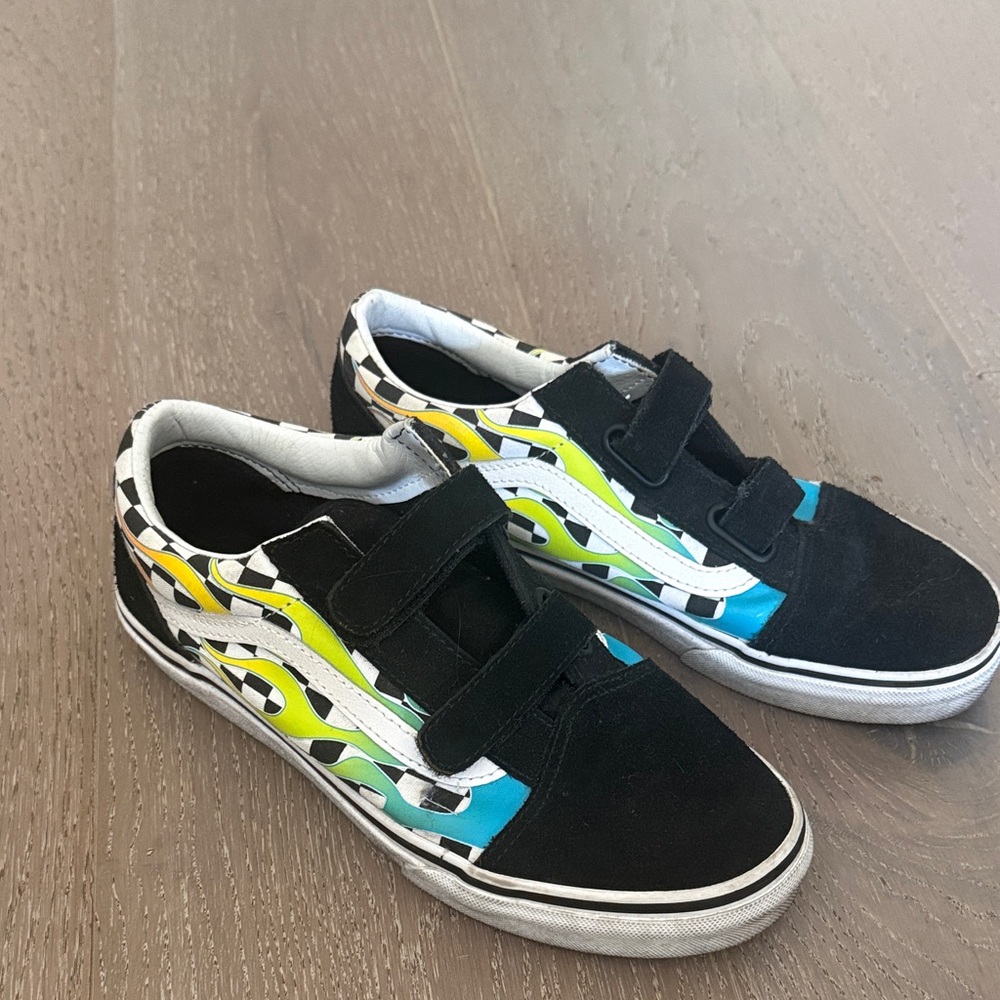 Vans Kids Black Suede Sneakers with Blue and Yellow Flame Accent